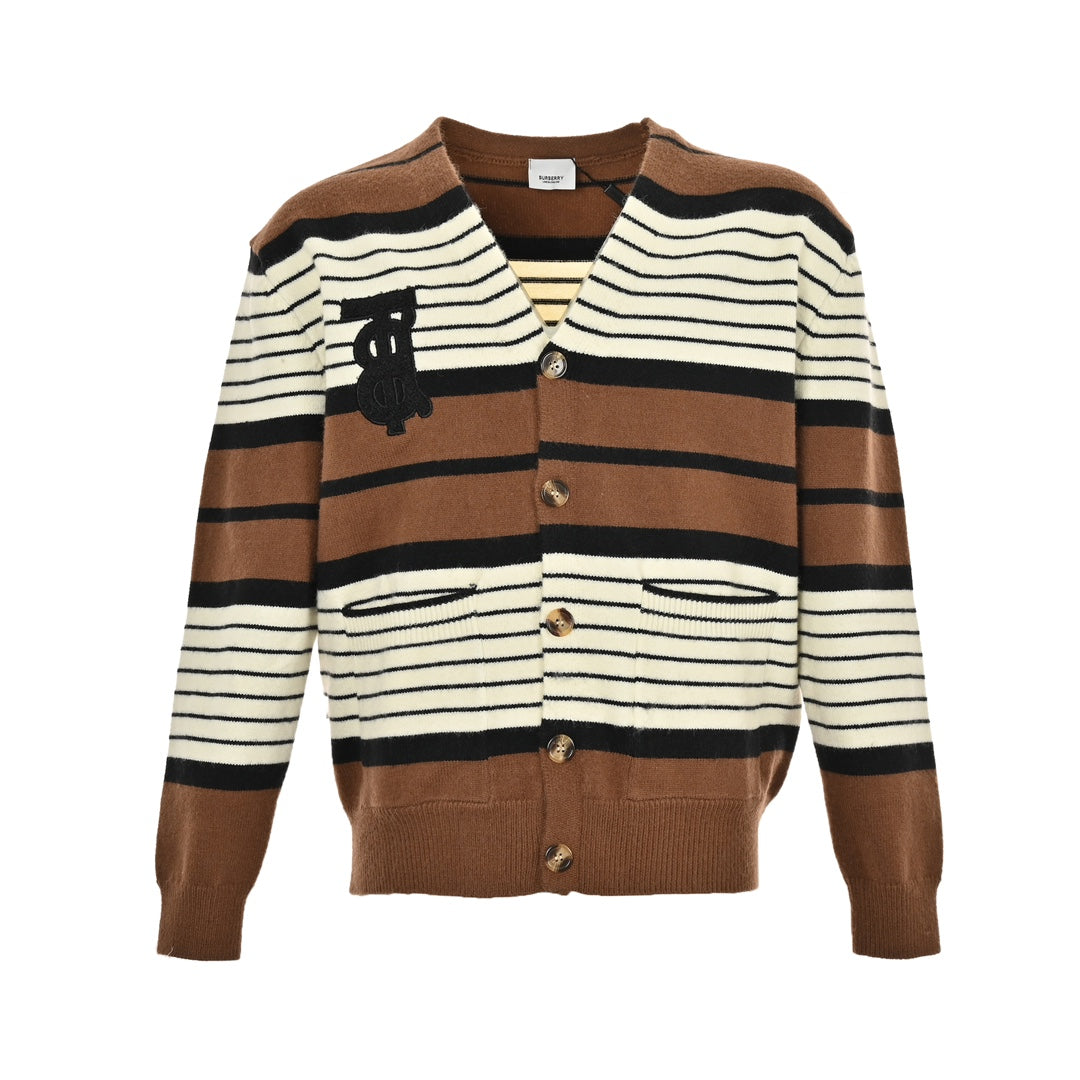 Embroidered lettering striped knitted cardigan