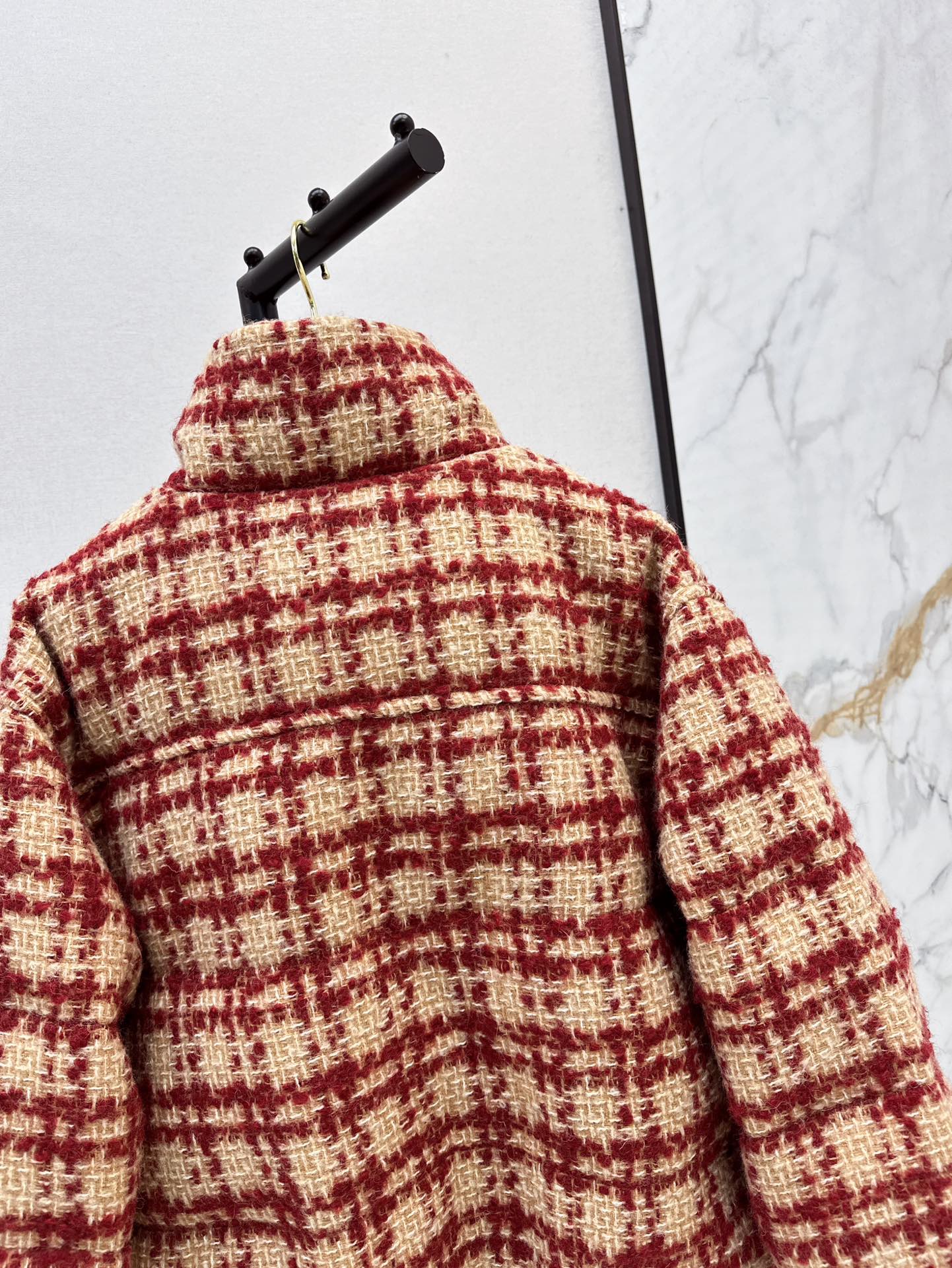 Ski tweed plaid stand collar down jacket