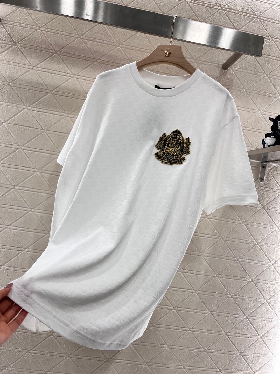 jacquard plaid embroidered letter T-shirt