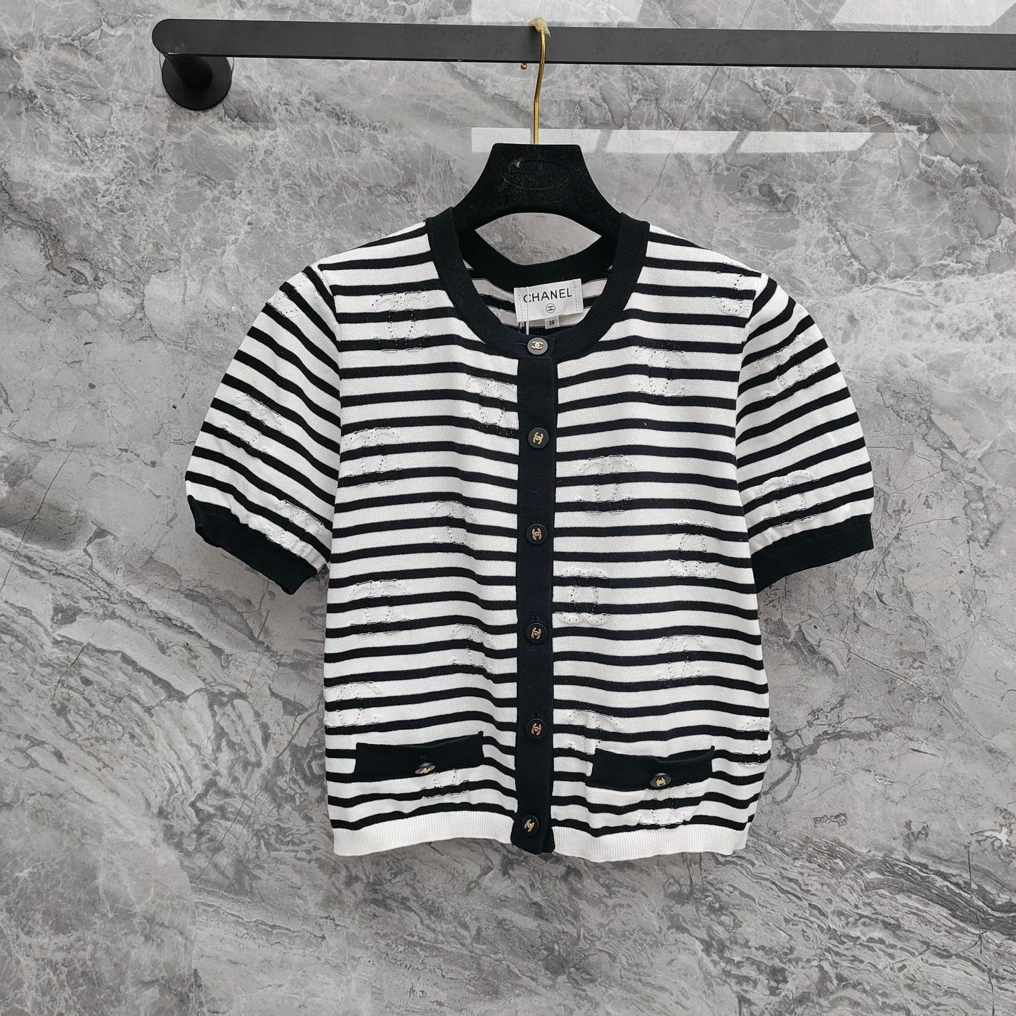 Round neck Xiaoxiang logo hollow pattern cardigan striped short sleeves