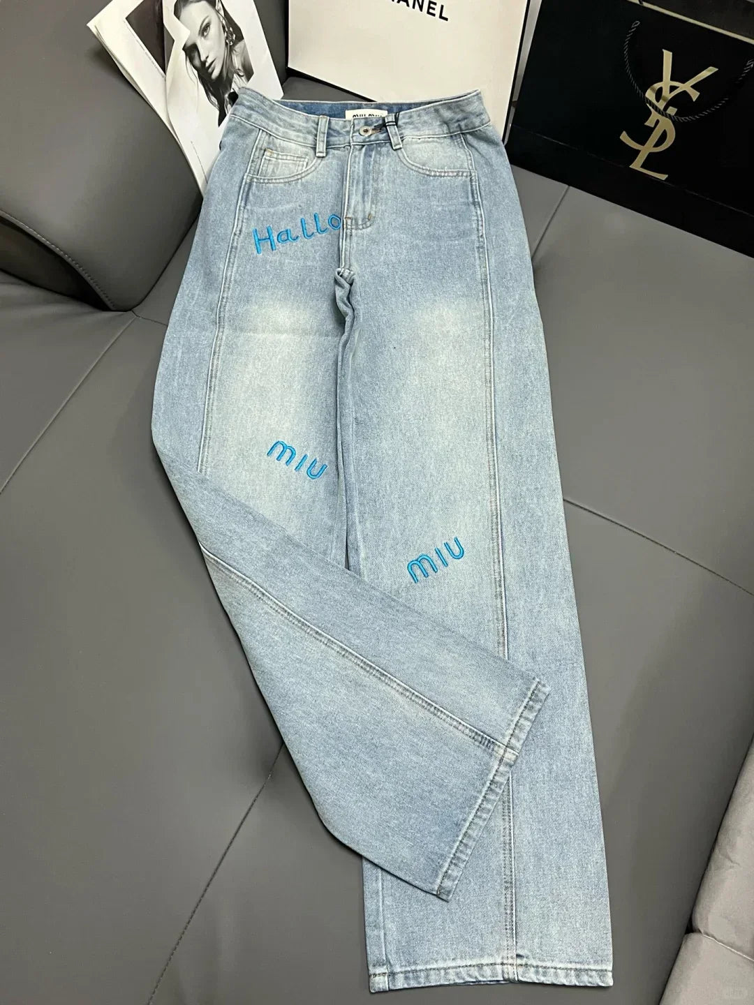 Blue embroidered lettering straight-leg jeans