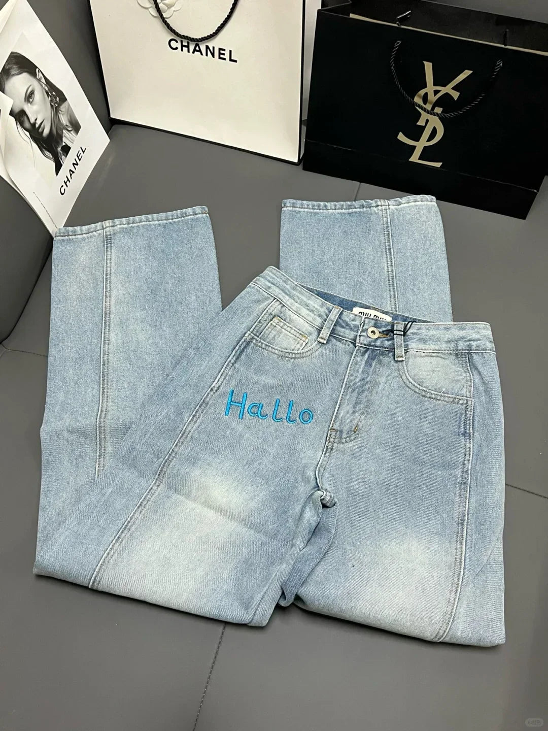 Blue embroidered lettering straight-leg jeans