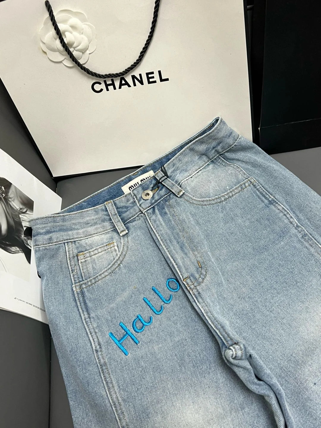 Blue embroidered lettering straight-leg jeans