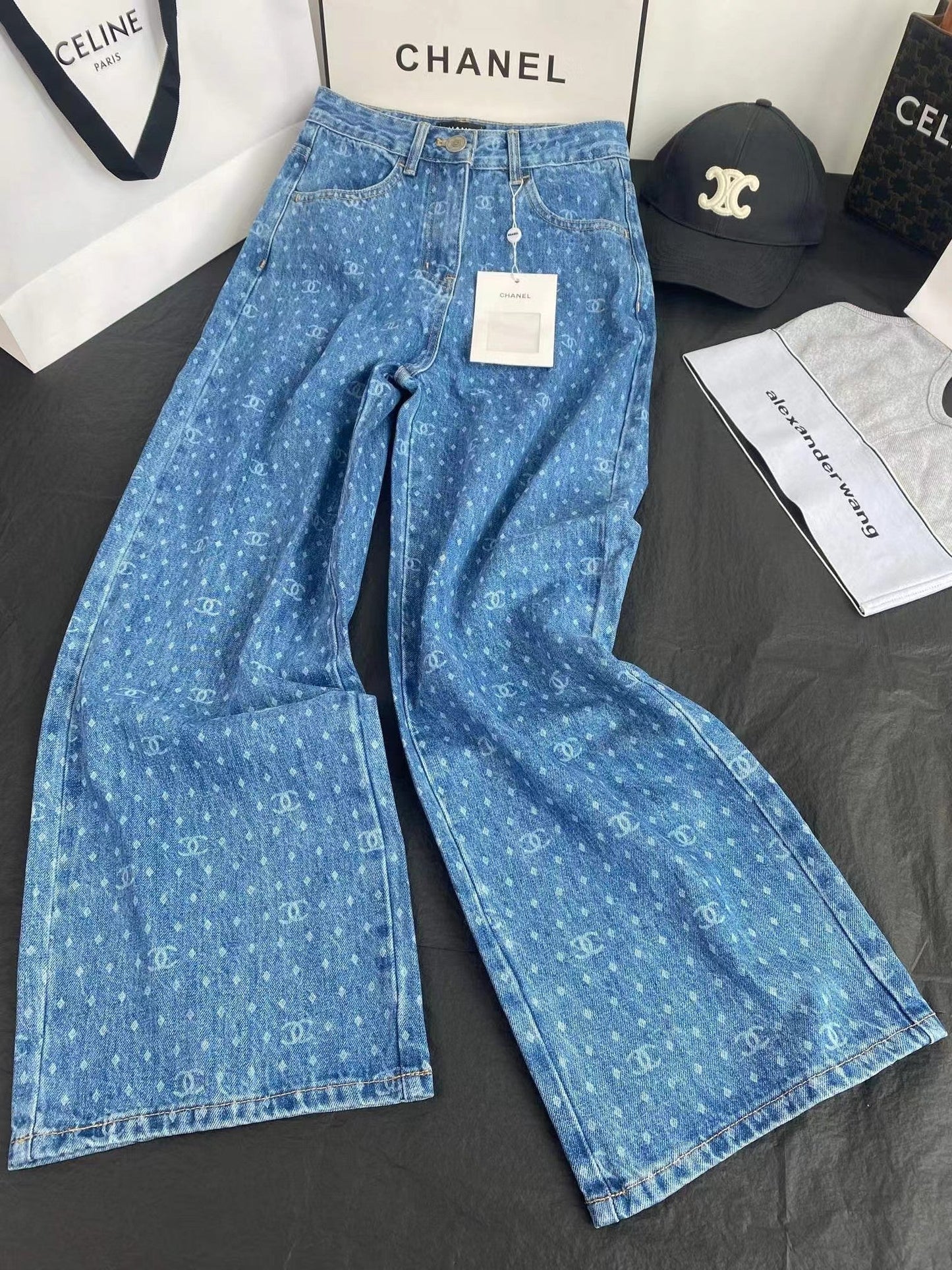 Polka dot logo print wide-leg straight-leg jeans