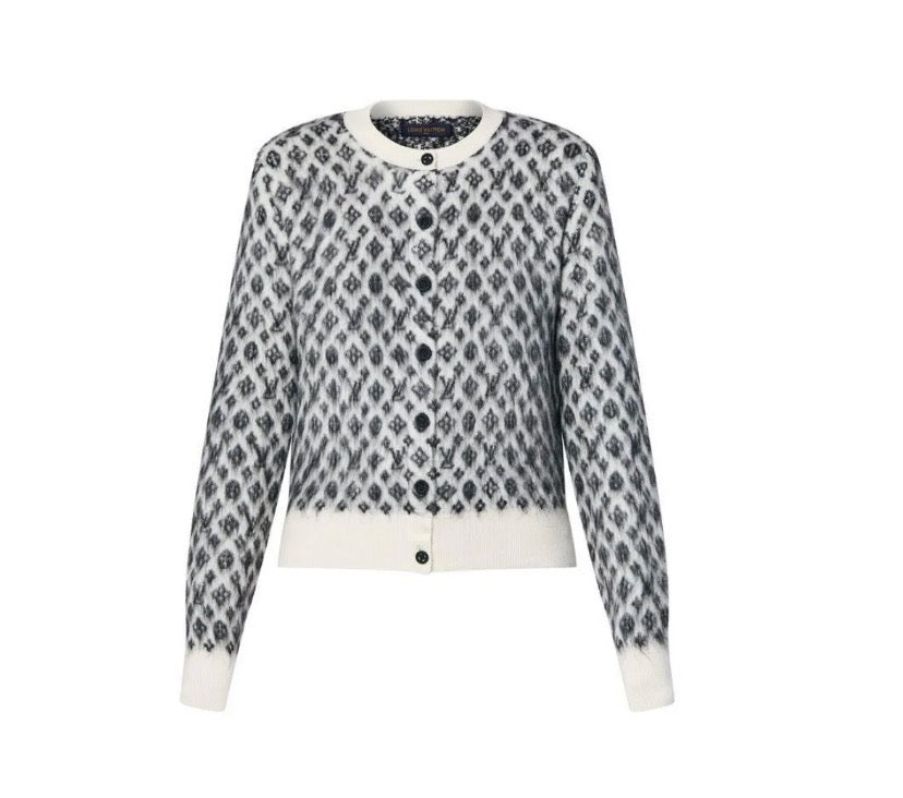 crew neck jacquard knitted cardigan