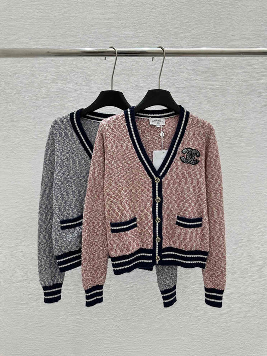 Autumn and winter new v-neck collision striped edge sequins logo knit cardigan jacket