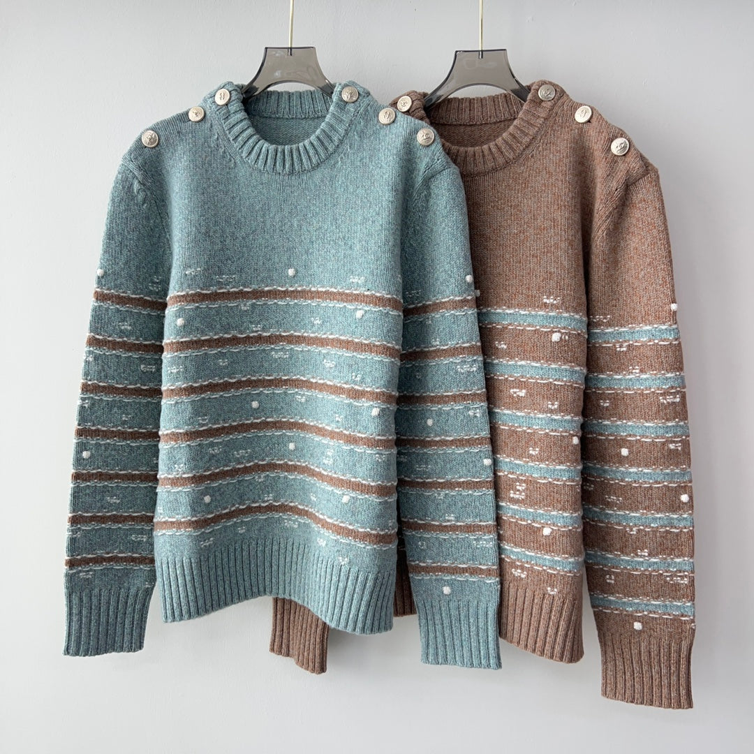 Autumn and winter new colour clashing cashmere shoulder button round neck jumper