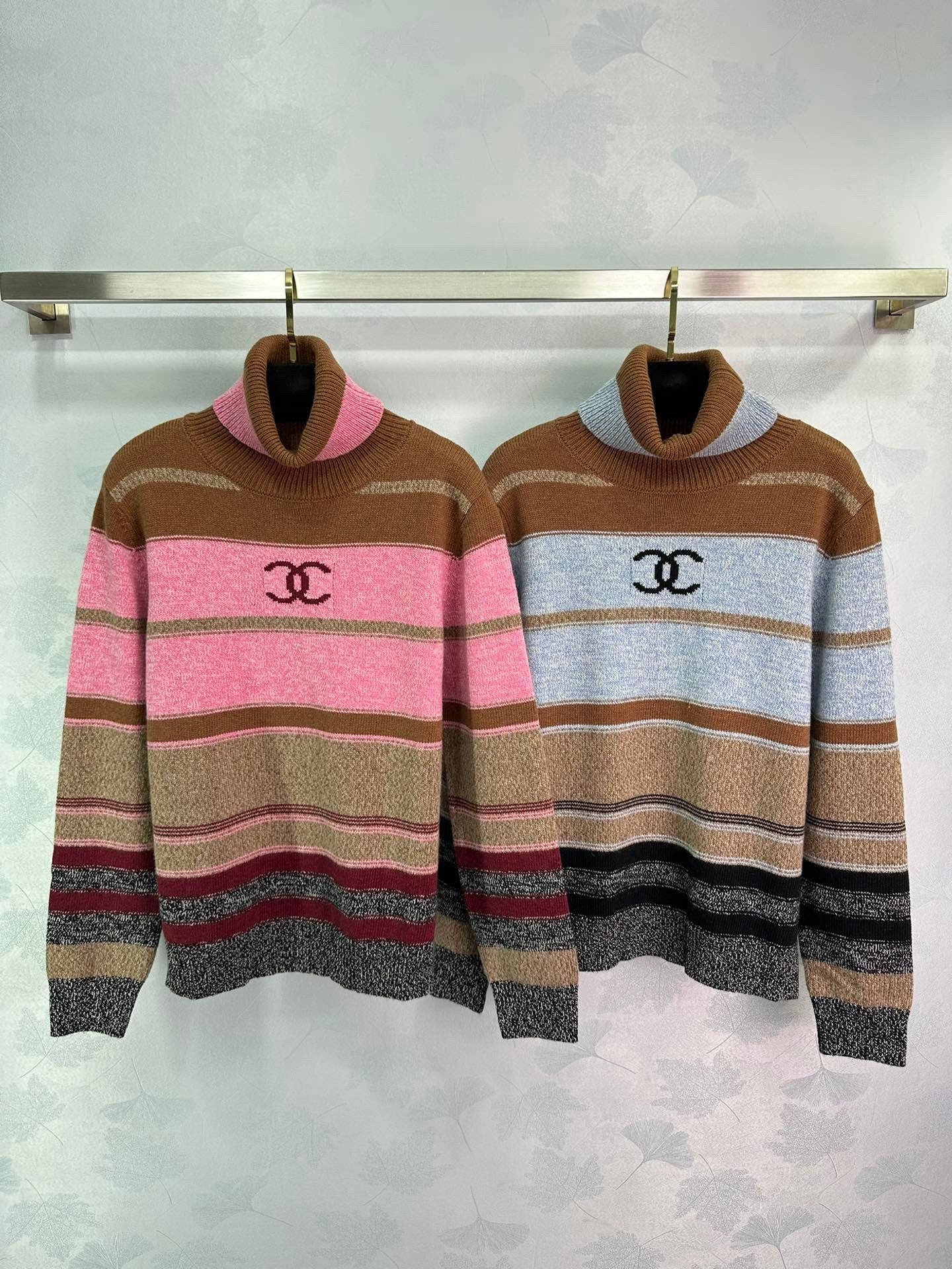 New colour-blocked striped letter jacquard knit turtleneck crochet knit long sleeve pullover jumper