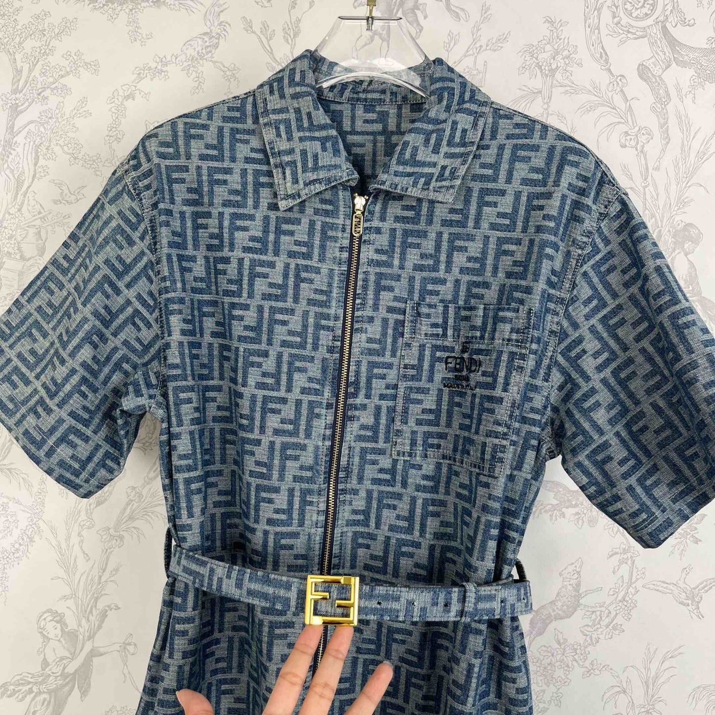 Presbyopia jacquard double F lapel denim dress