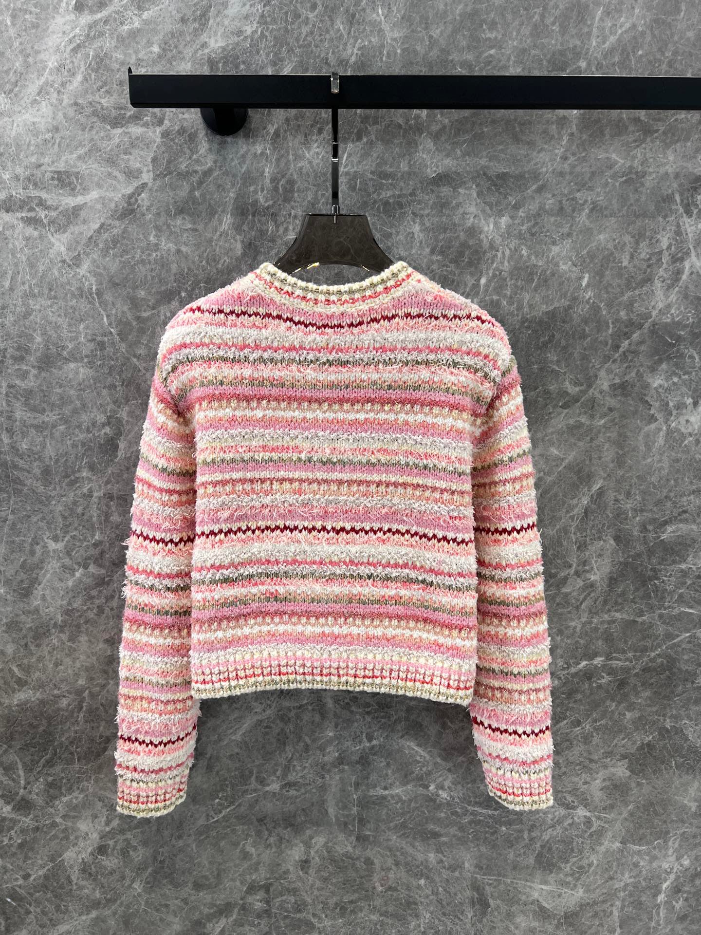 Pink striped crew neck knitted cardigan