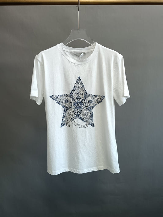 Five-pointed star ribbon embroidered short-sleeved T-shirt