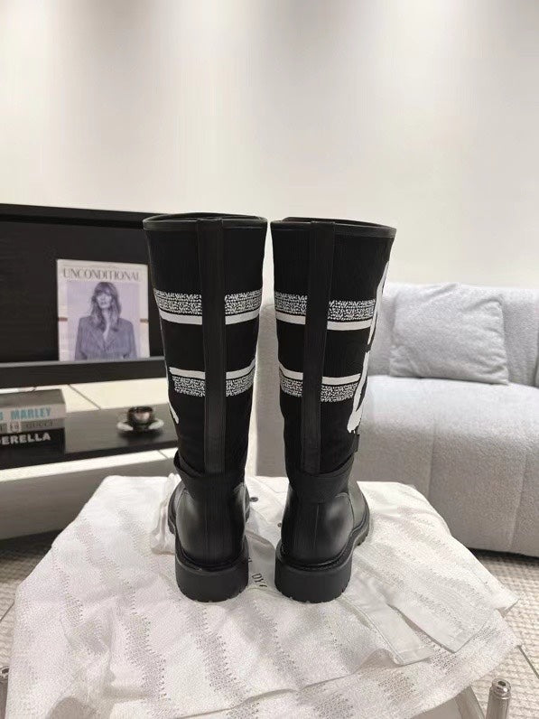 Poster style electric embroidery color block letters logo round toe mid-calf women's boots