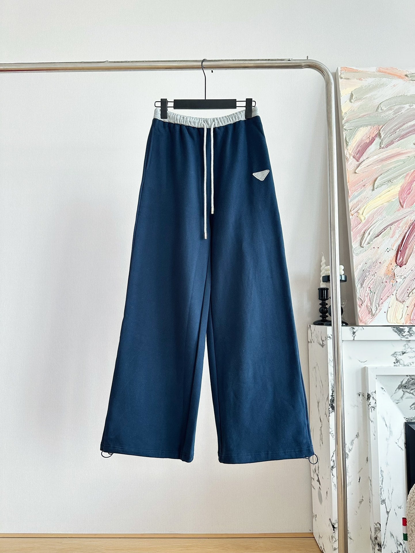 Triangle stitching high waist elastic waist drawstring casual sports wide leg pants