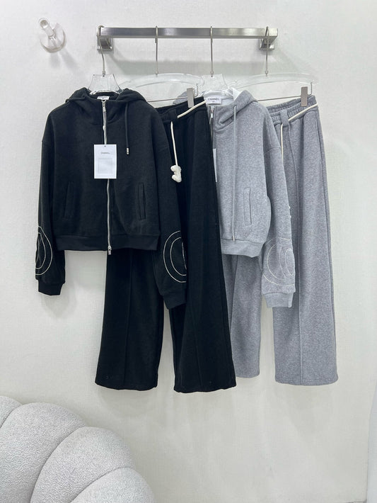 Hooded casual fleece➕wide-leg pants suit