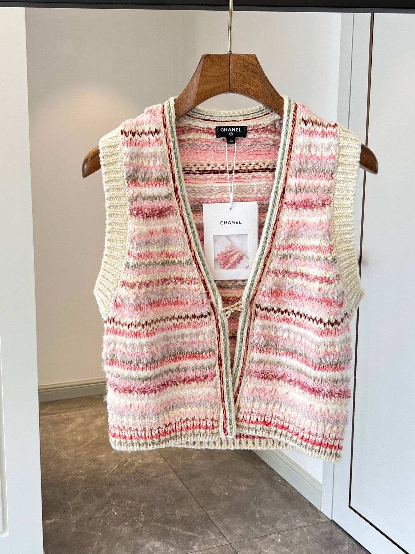 Pink and white tweed diamond button vest