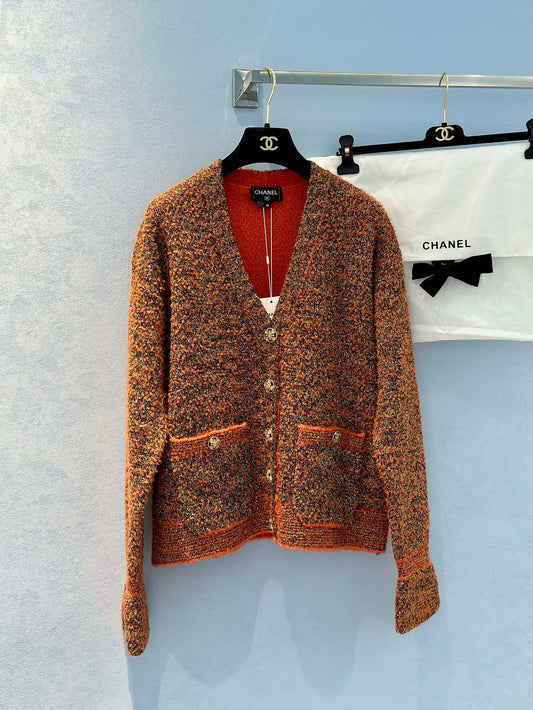 Retro orange horseshoe sleeve heavy sequin knitted cardigan jacket