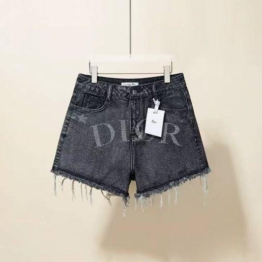 Rhinestone logo denim shorts