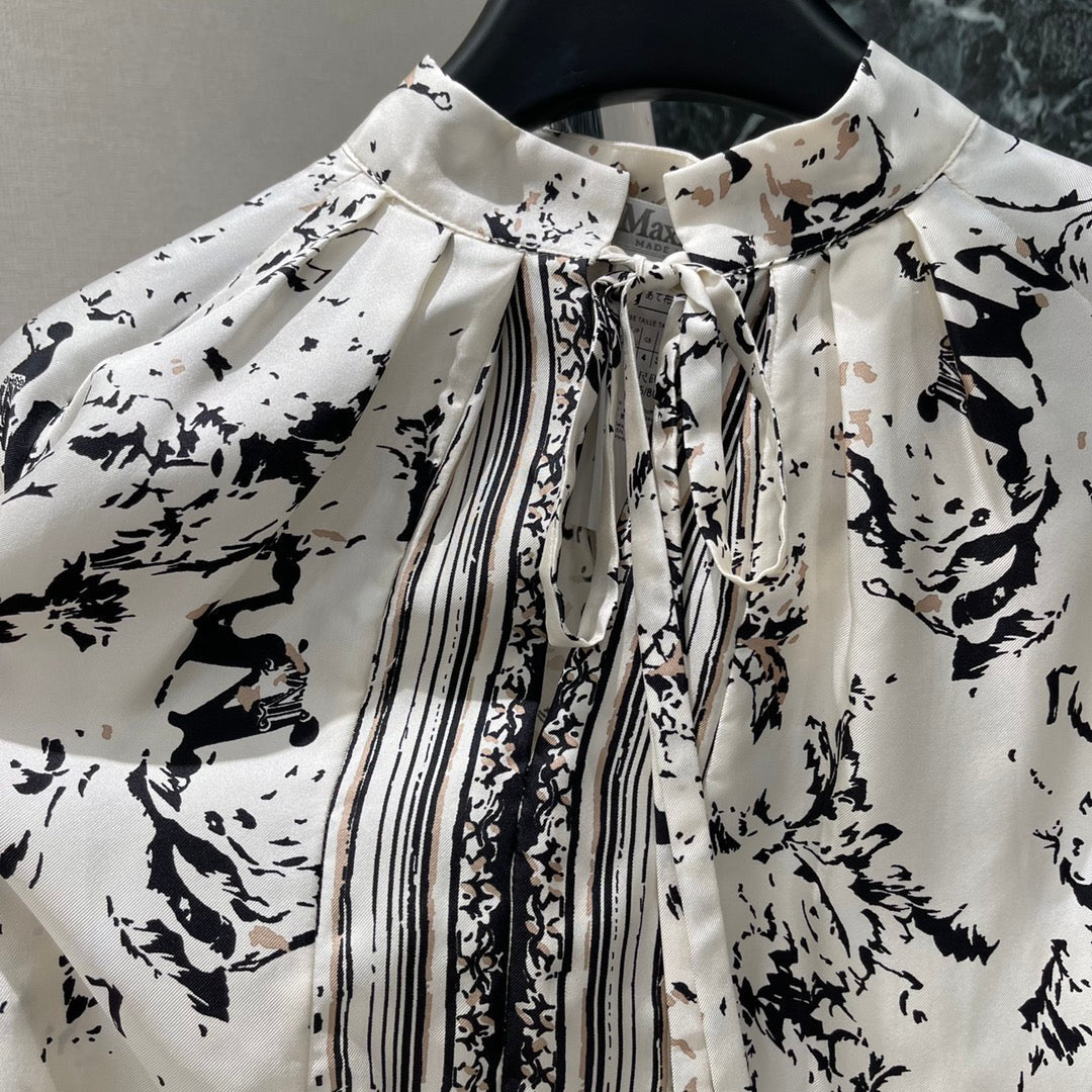 Black and white ink print silk shirt