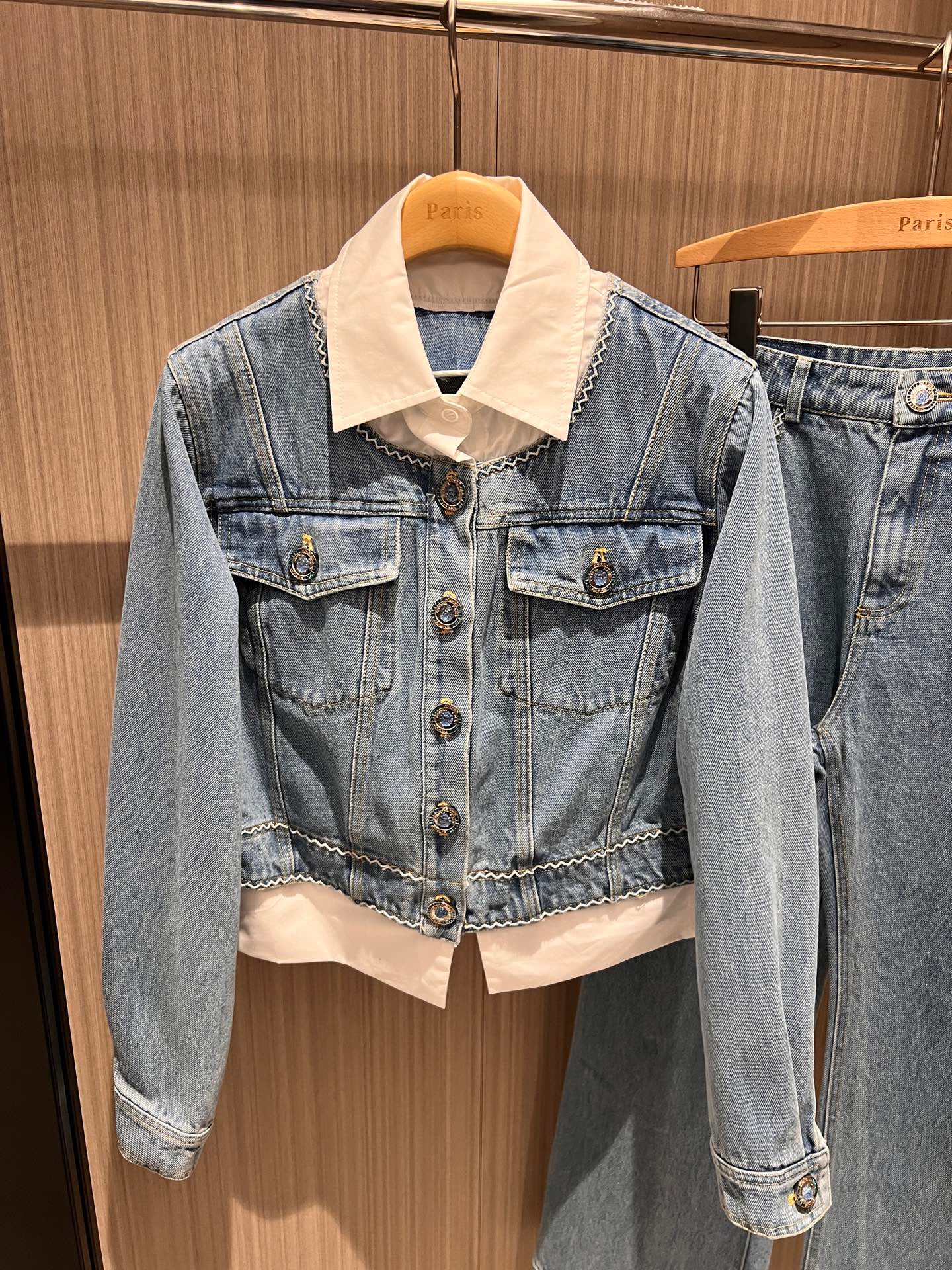 Patchwork shirt collar fake two-piece design denim + denim straight leg jeans