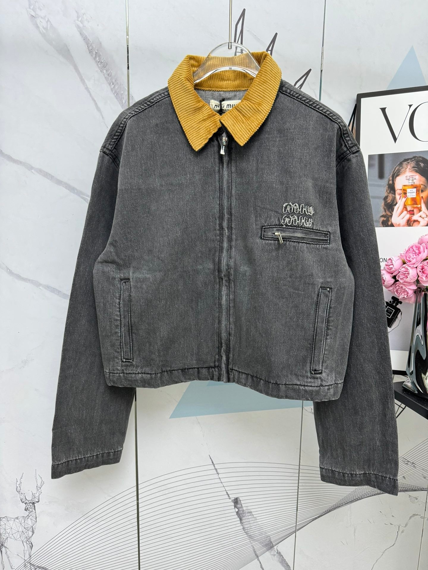 Corduroy yellow collar patchwork denim jacket