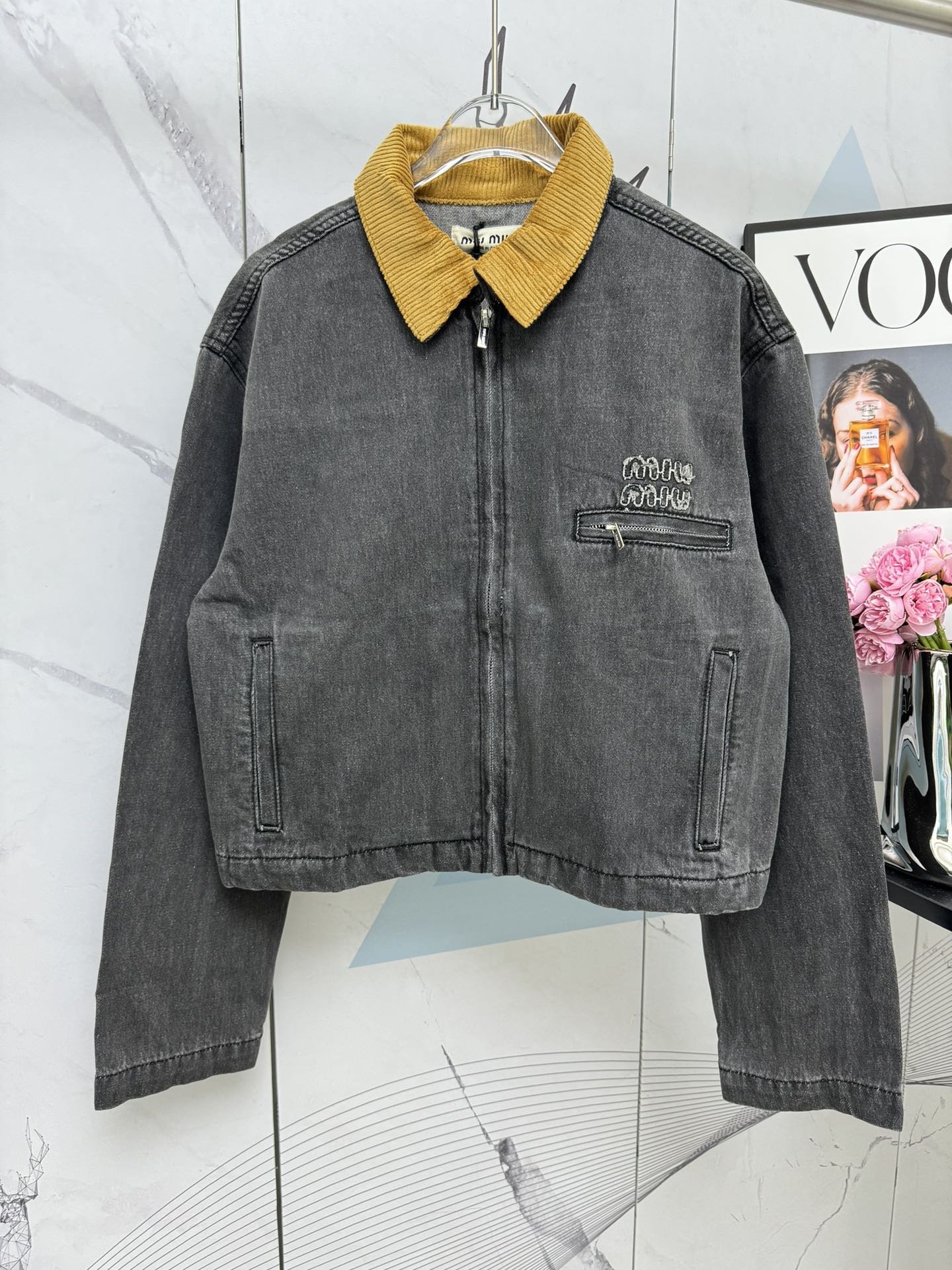 Corduroy yellow collar patchwork denim jacket