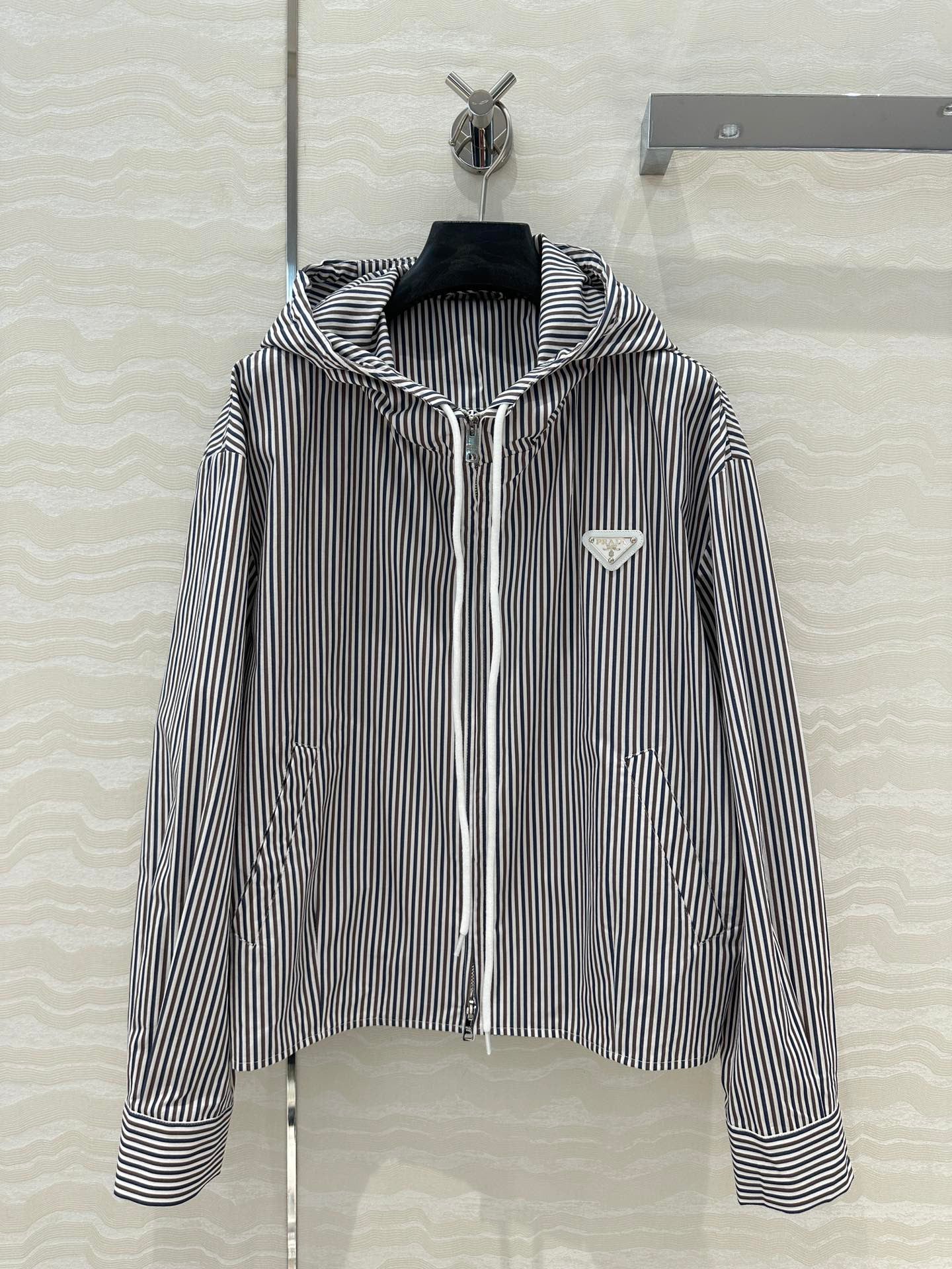 Vertical striped hooded light jacket with long skirt