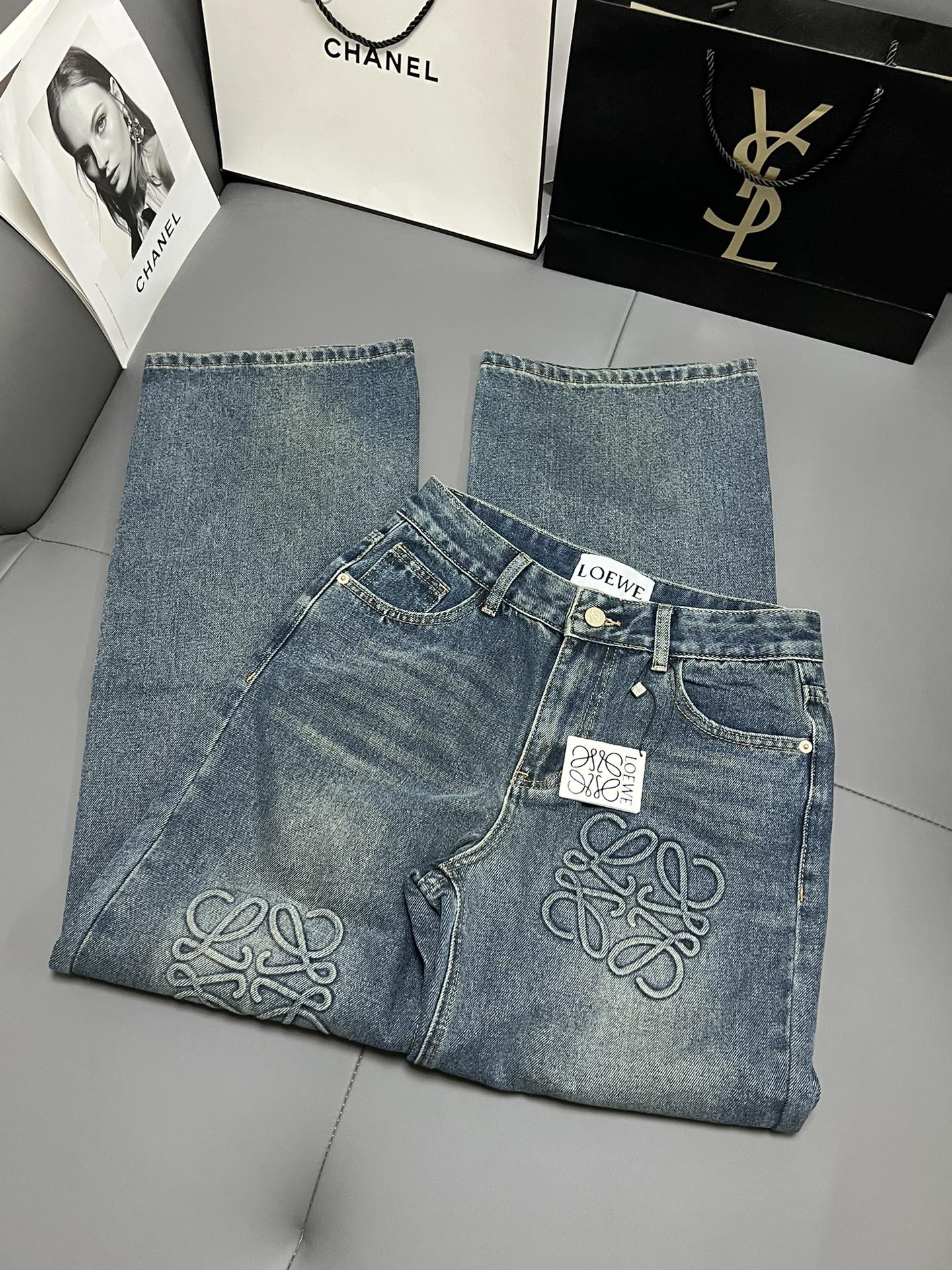 Embossed Logo Denim Trousers