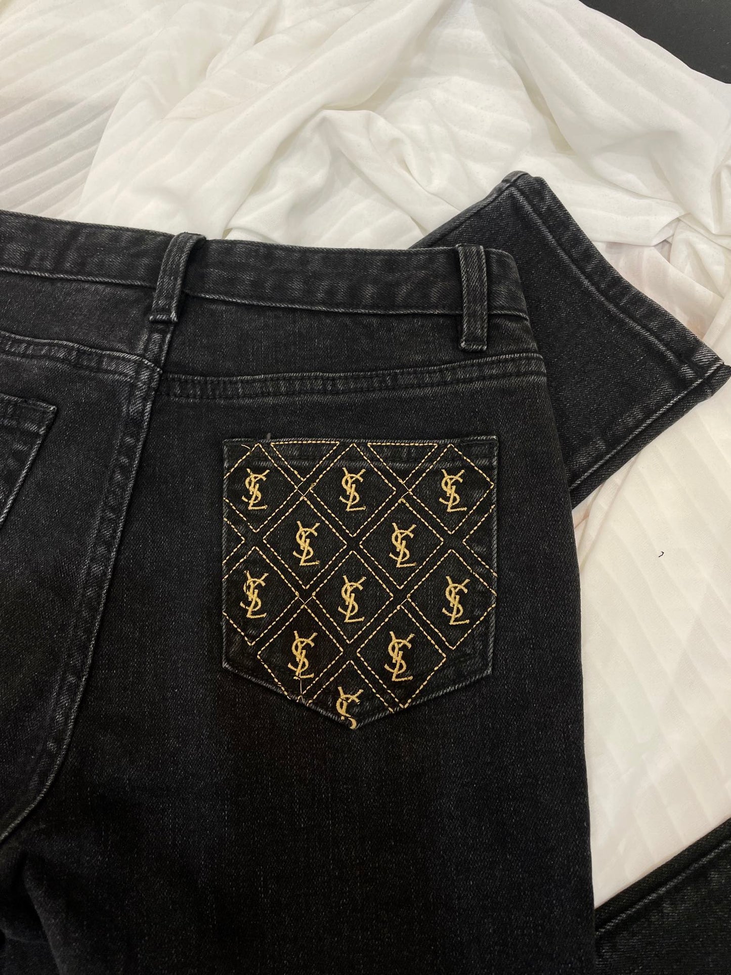 Back pocket embroidered chino jeans