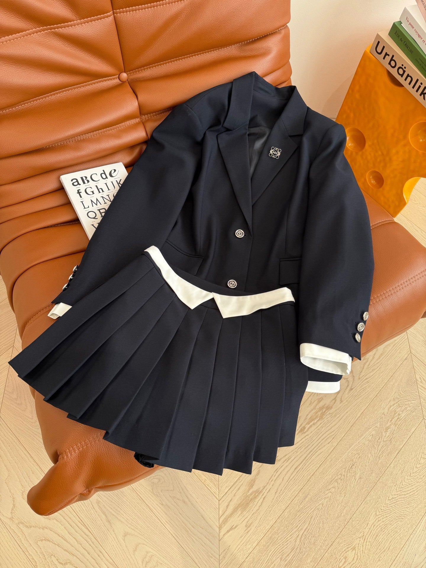 Colorblocked Design Jacket + Pleated Half Skirt