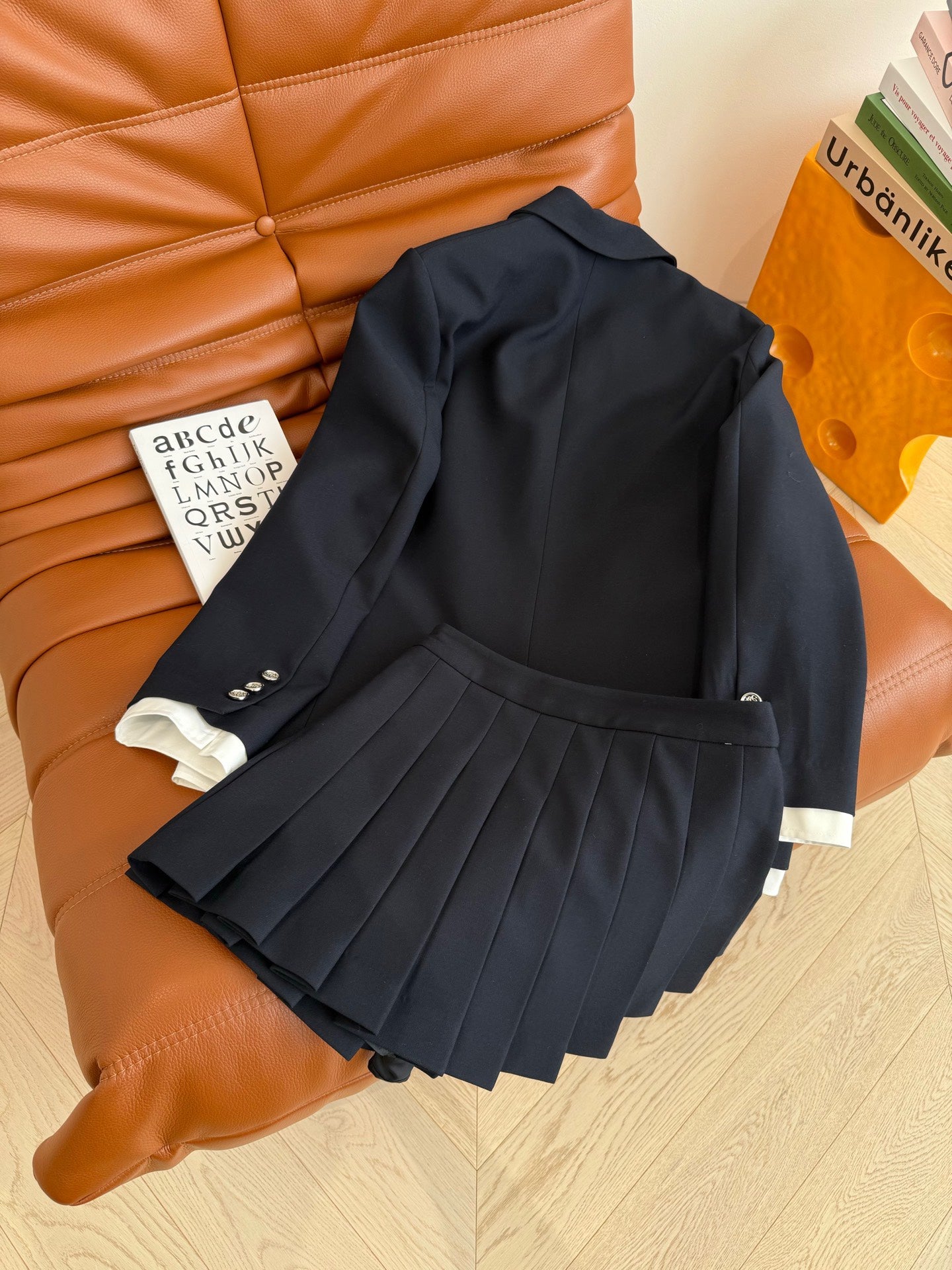 Colorblocked Design Jacket + Pleated Half Skirt