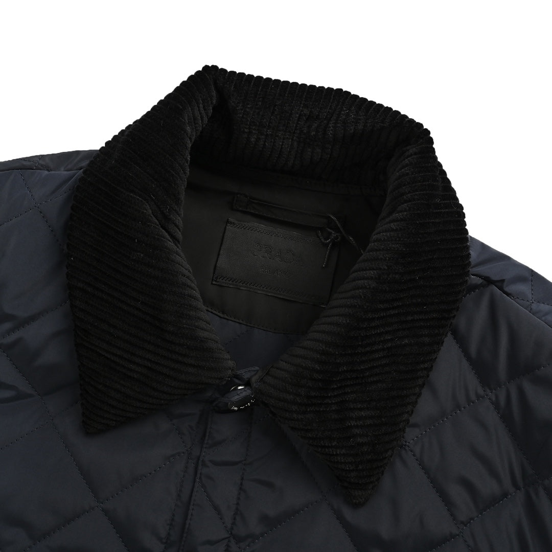 Corduroy collar triangle logo diamond quilted jacket