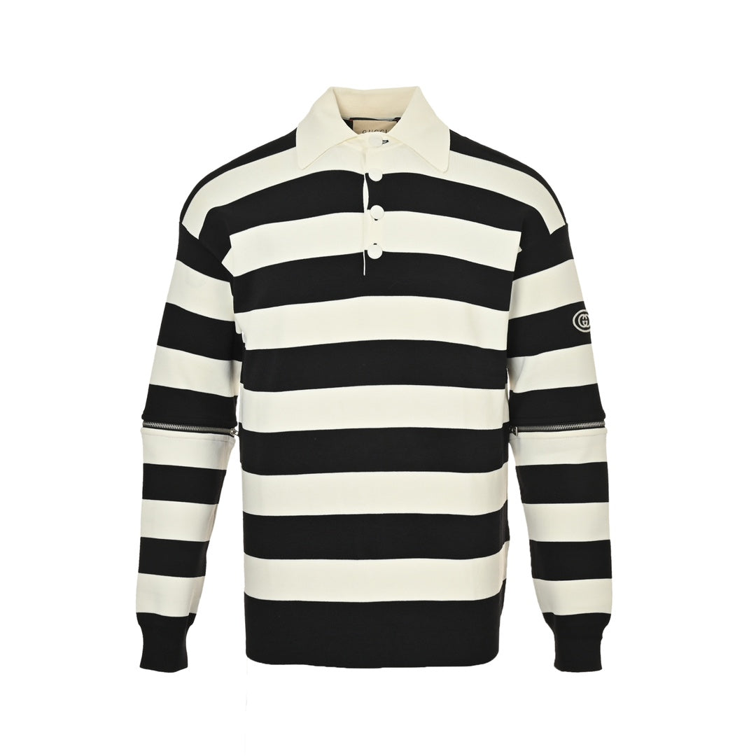 Long-sleeved sweater with striped lapel and detachable sleeves