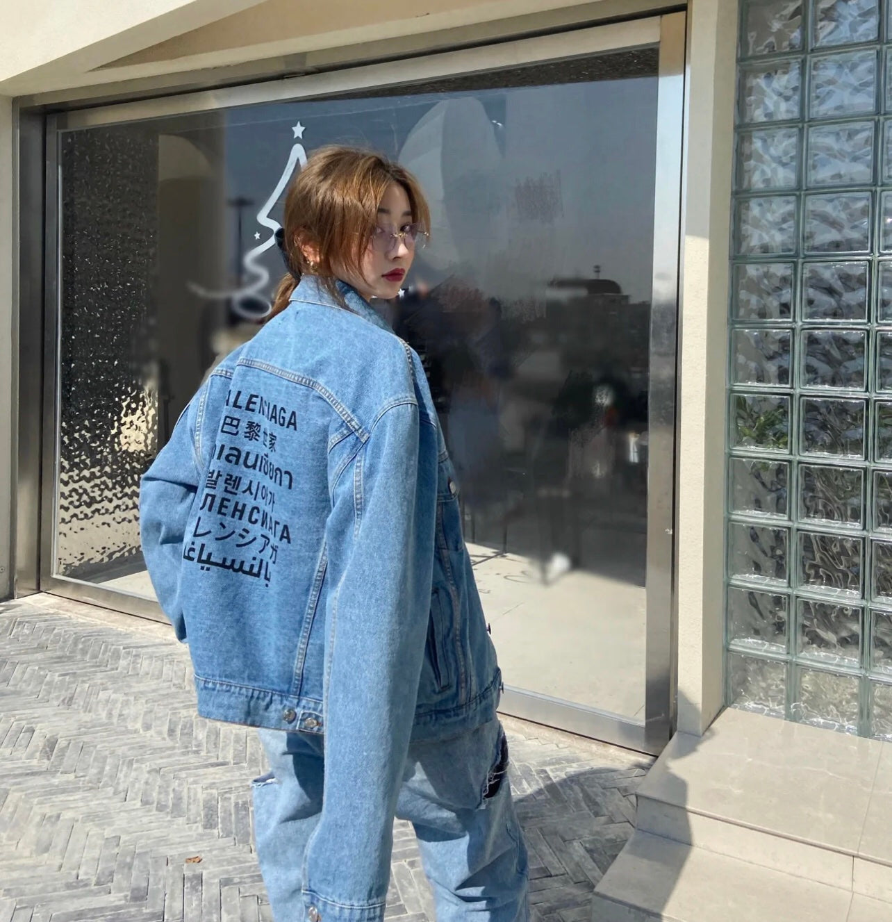 Seven languages washed unisex denim jacket