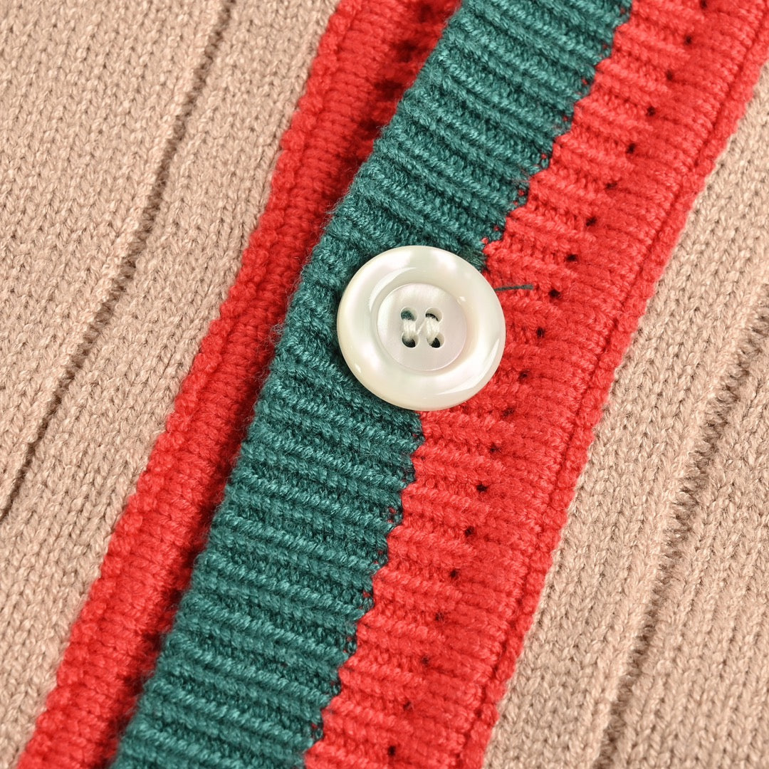 Red and green striped cardigan sweater