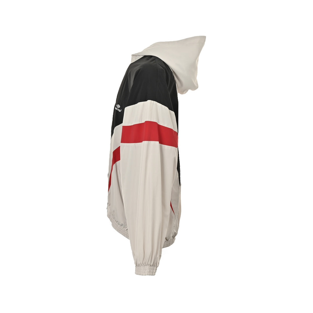 White and red patchwork hooded jacket