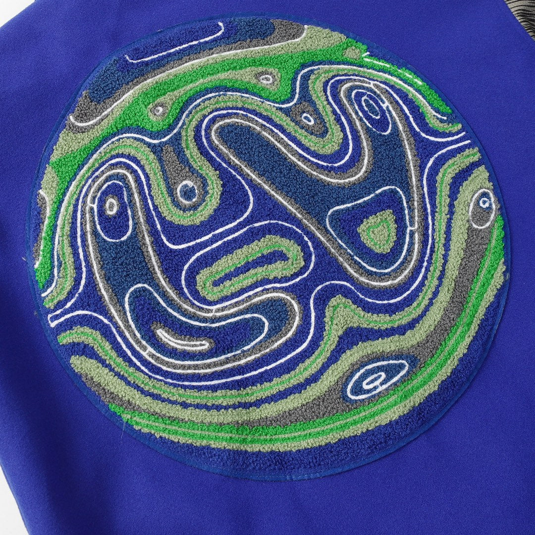 L's A Circular Pattern On The Back With Gray Sleeves Blue Jacket