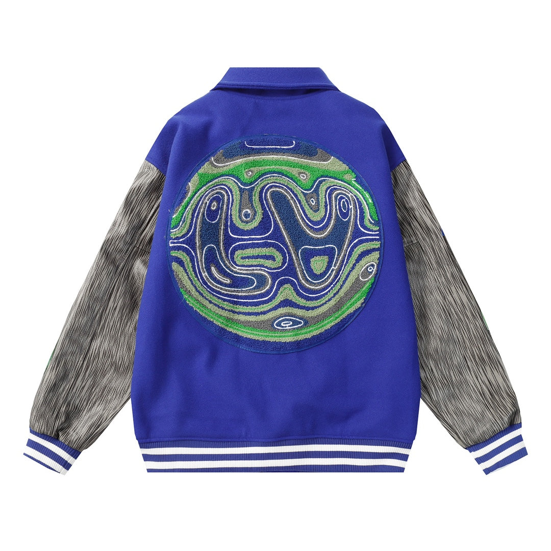 L's A Circular Pattern On The Back With Gray Sleeves Blue Jacket