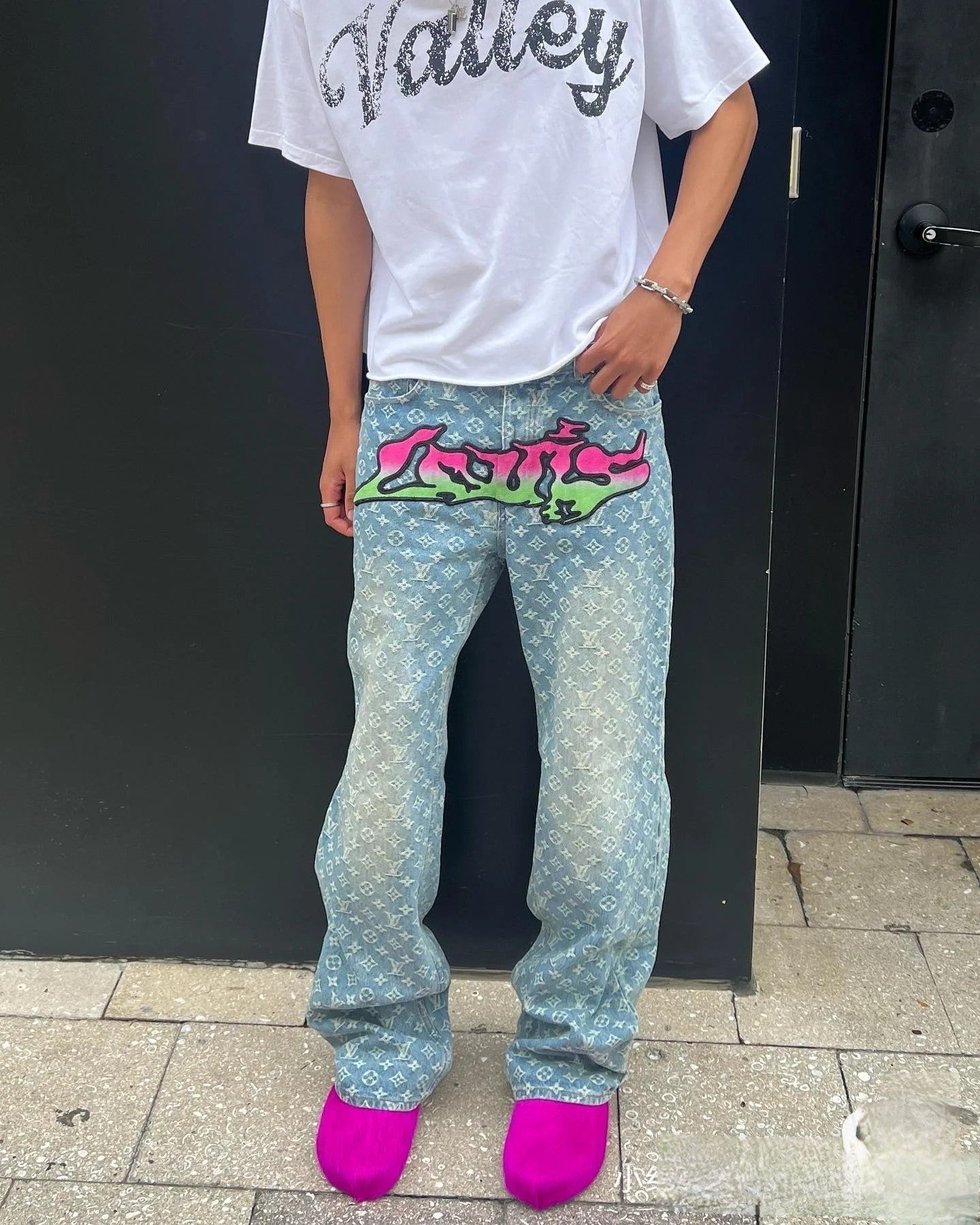 L's Big Pink And Green Logo Pants